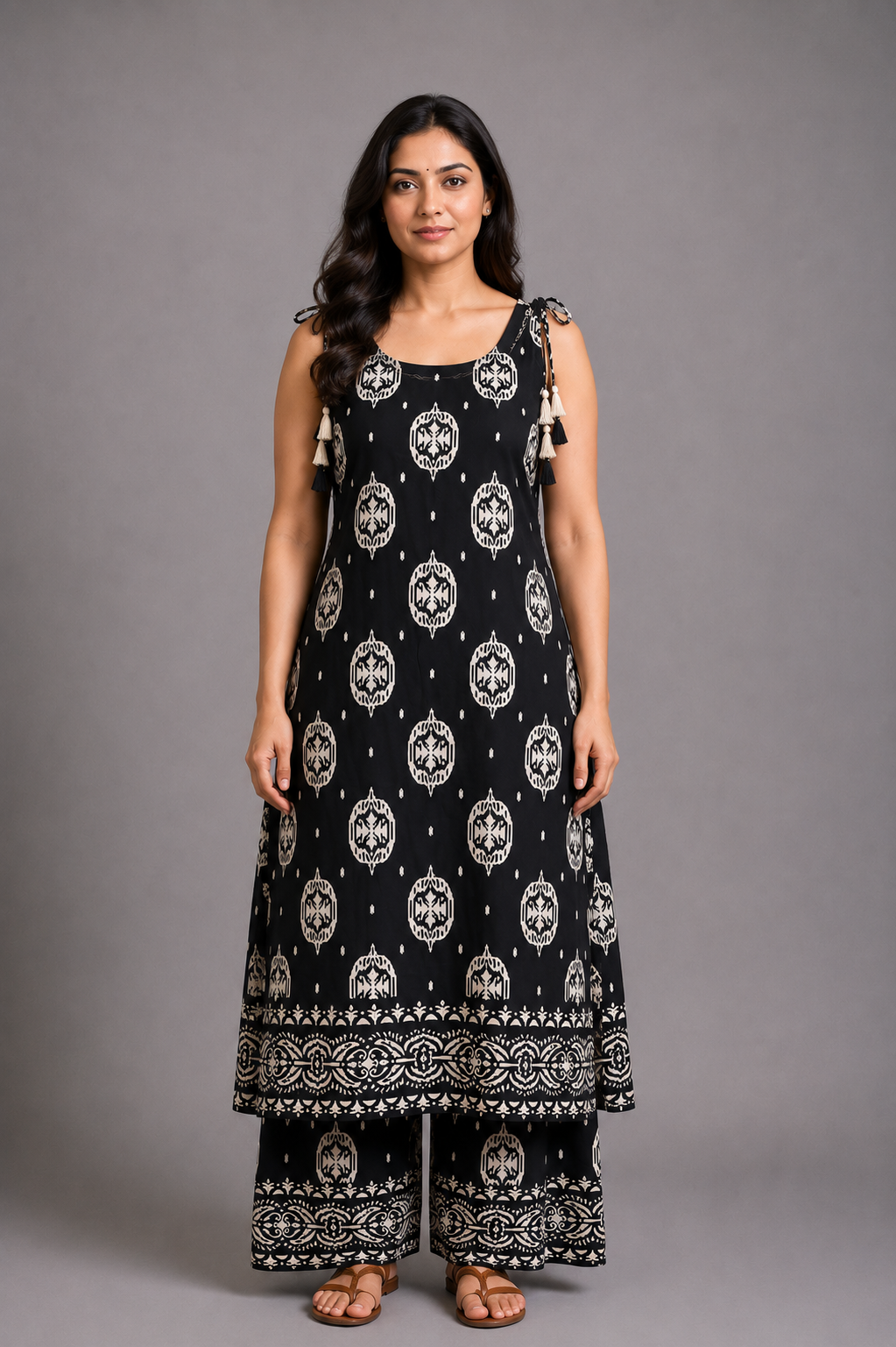 Black & White Printed Kurta Palazzo Set with Tassel Detailing